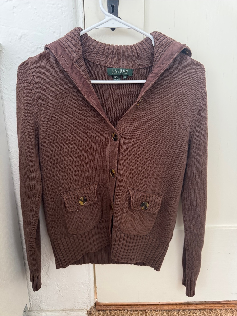 Lauren Ralph Lauren Chestnut Brown Hooded Button Cardigan